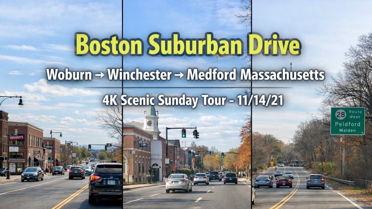 🚘 Boston Suburban Drive | Woburn &rarr; Winchester &rarr; Medford MA | 4K Scenic Sunday Tour - 11/14/21