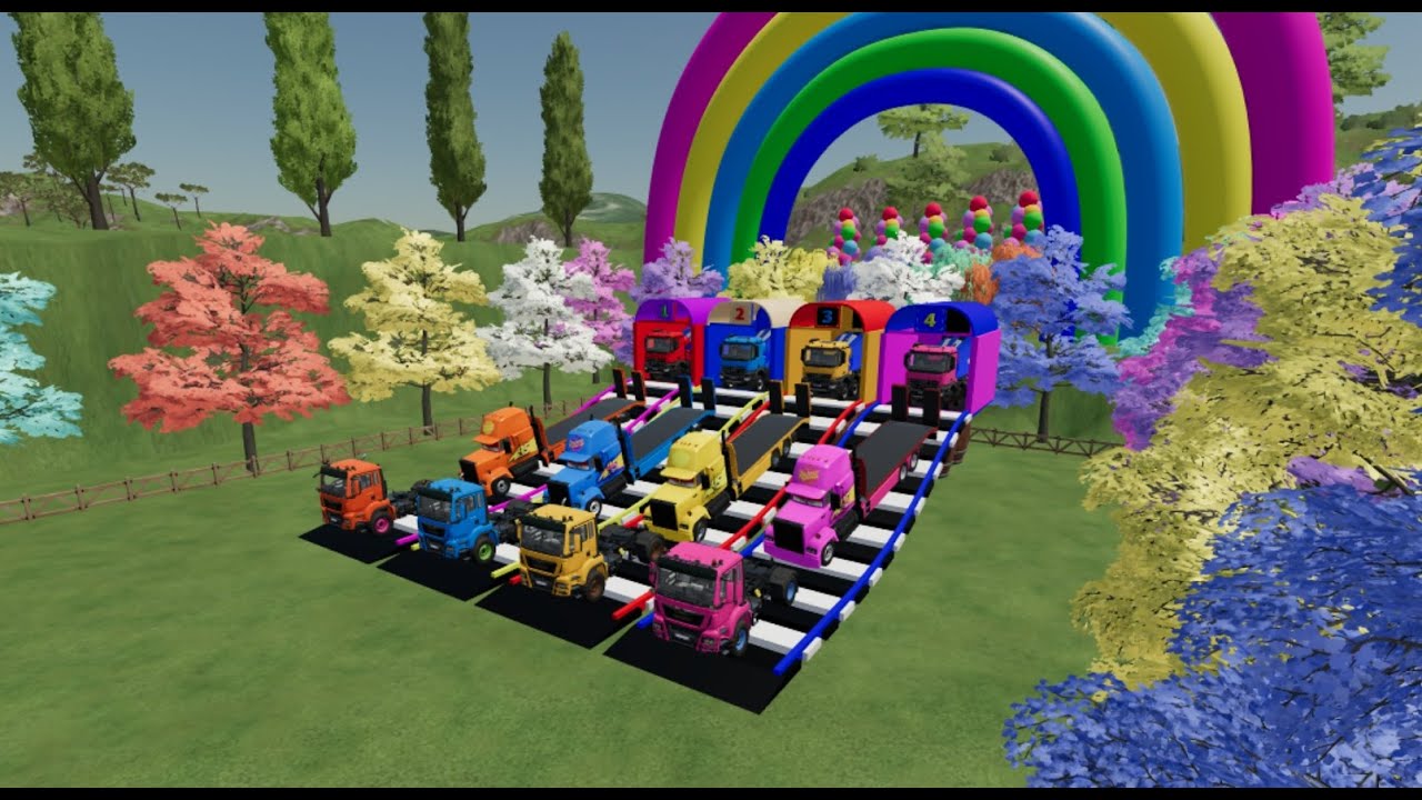 Garage with Colors   ALL MIXER TRUCK WITH DOUBLE FLATBED TRAILER TRUCK, MAN,  TRACTORS   FS22
