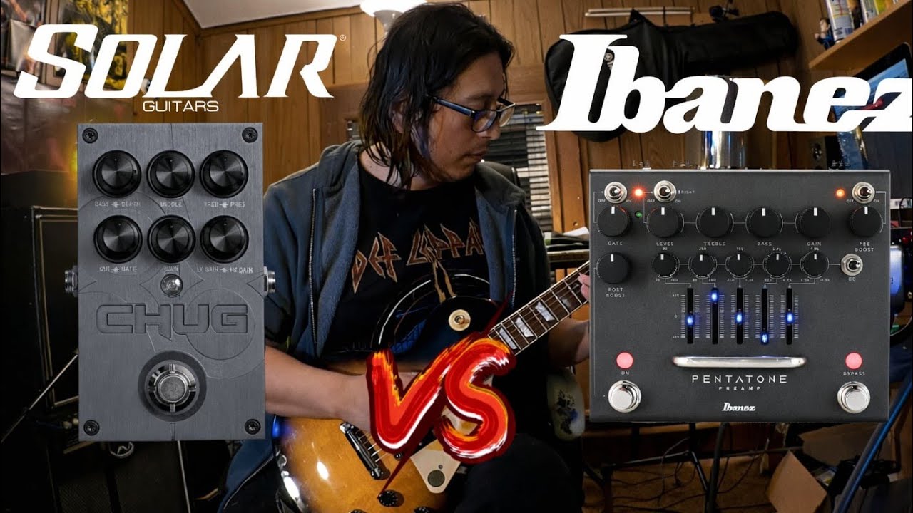 Solar Guitars The Chug vs Ibanez Pentatone. Distortion Preamp Guitar Pedal video comparison