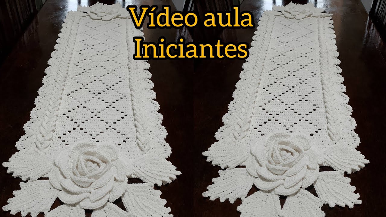 CAMINHO DE MESA DE CROCHÊ RUBI LOSANGULOS COM MEGA ROSA
