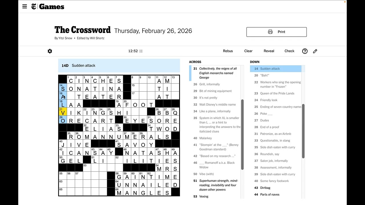 New York Times Crossword Solve - Thursday Feb 26 2026