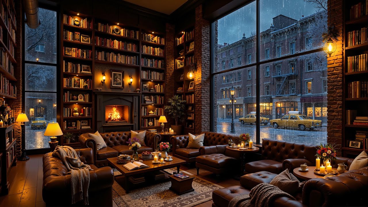 New York Coffee Shop Ambience - Relaxing Jazz, Crackling Fireplace & Soft Rain to Calm, Work, Study