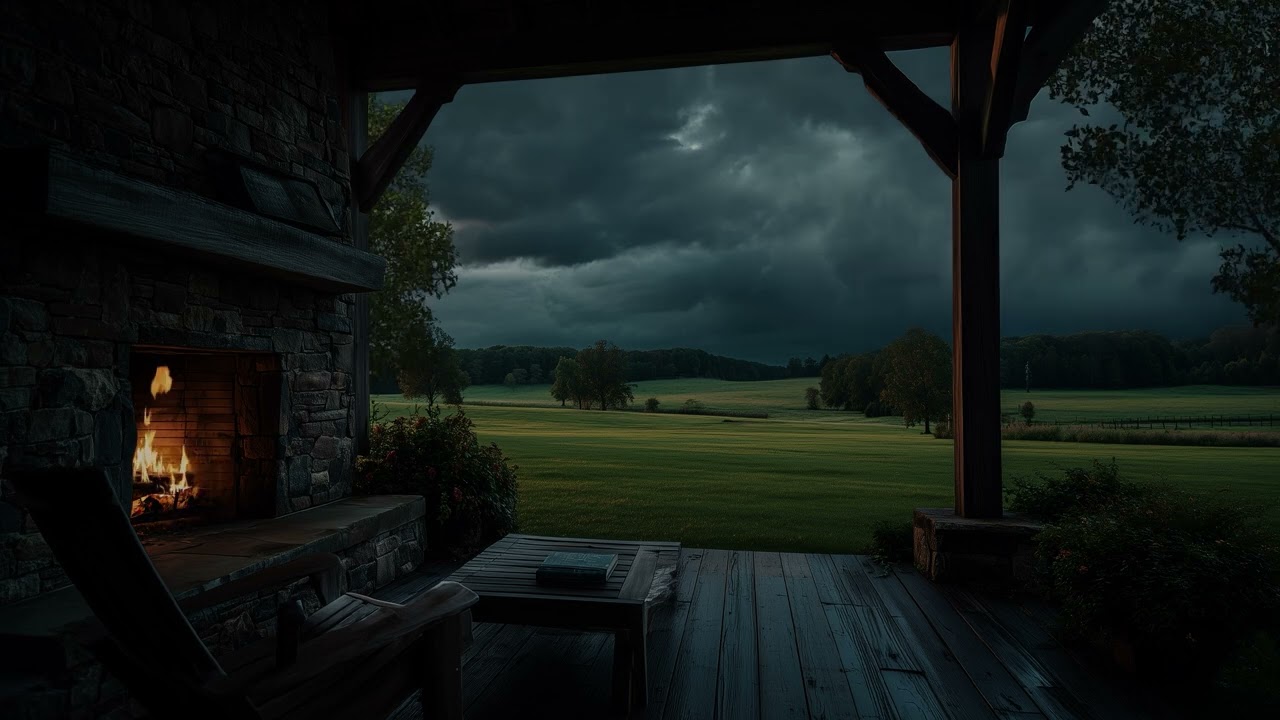 Porch Fireplace Sounds with Distant Thunder 🌧️ Before The Storm - Deep Sleep Ambience