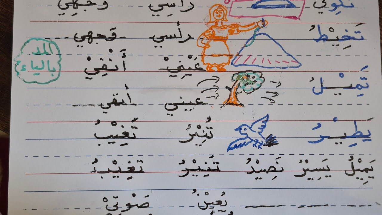 تعليم القراءة والكتابة عن طريق قراءة كلمات بها مد بالياء