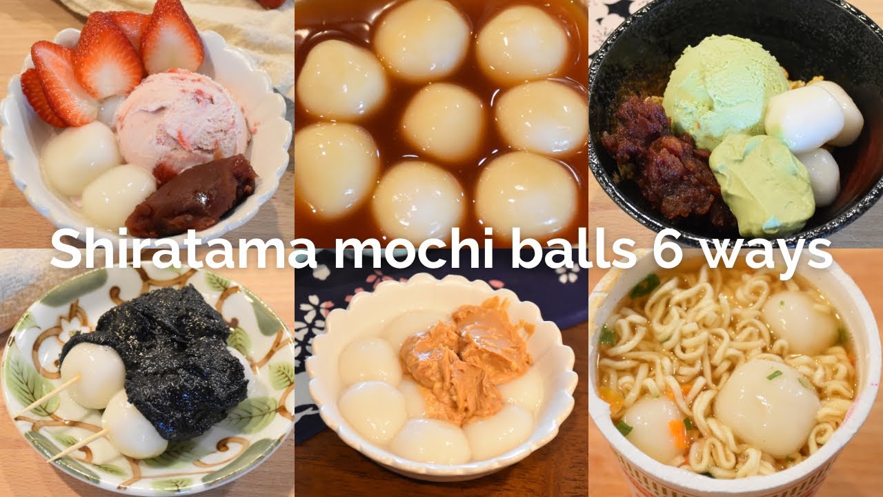 Shiratama dango (mochi balls) recipe and 6 ways - strawberry, mitarashi, matcha, sesame, pb, ramen