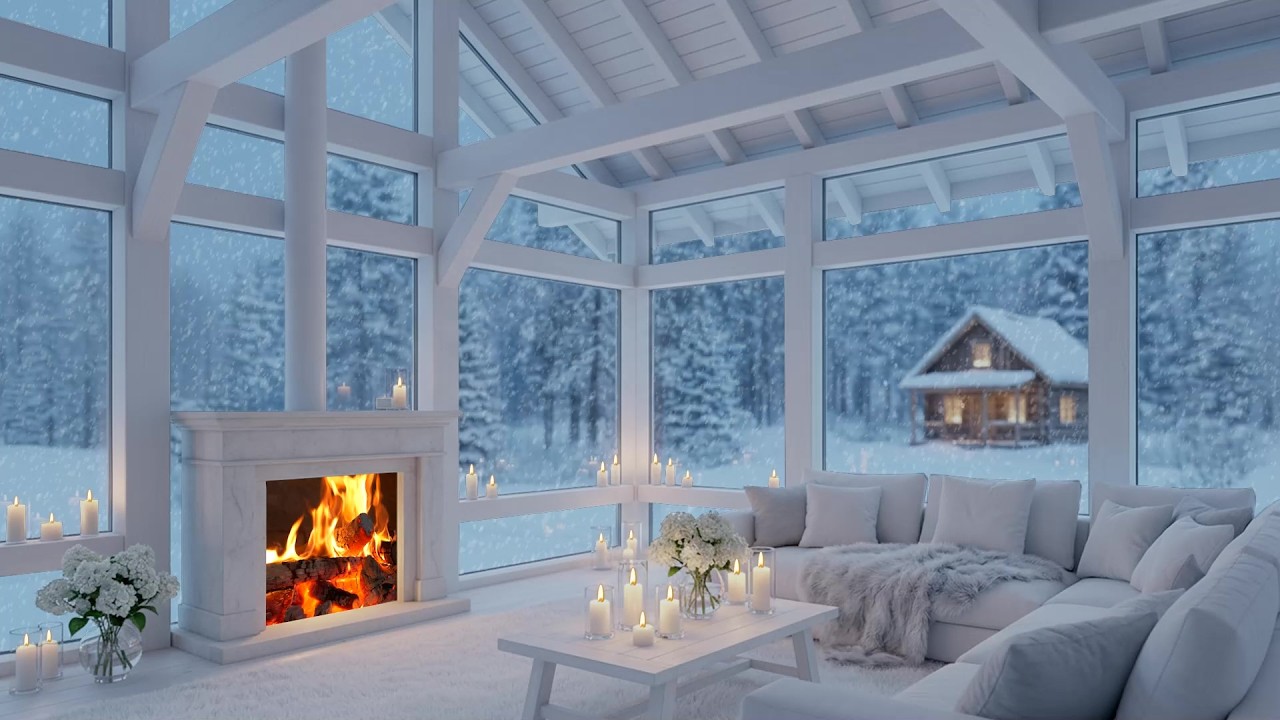 🕯️🎼 Serene Snowfall Piano Lounge Escape | Firelight, Cozy Flowers & Snow | Focus Study Relax Calm