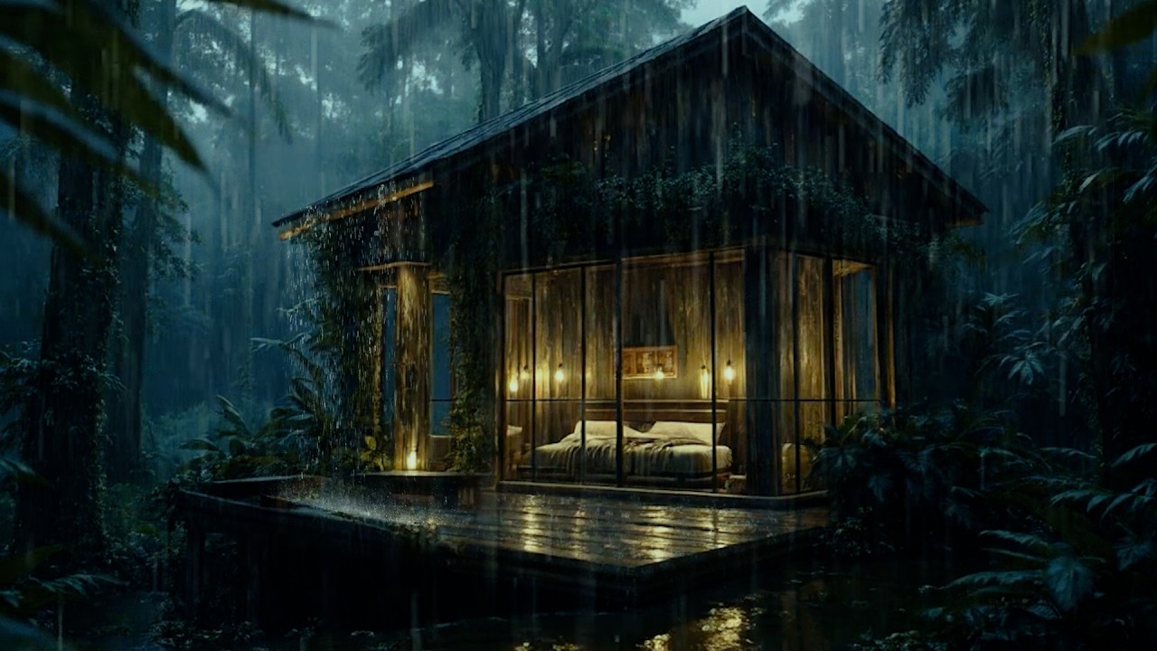 Tropical Rain in a Peaceful Forest Cabin Home | Soothing nature sounds help you sleep soundly
