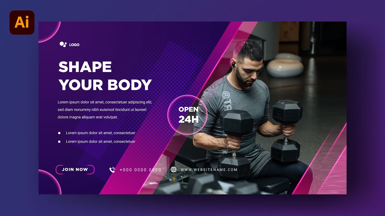 How To Make Modern Landscape Social Media Banner | GYM Fitness| Adobe illustrator Tutorial