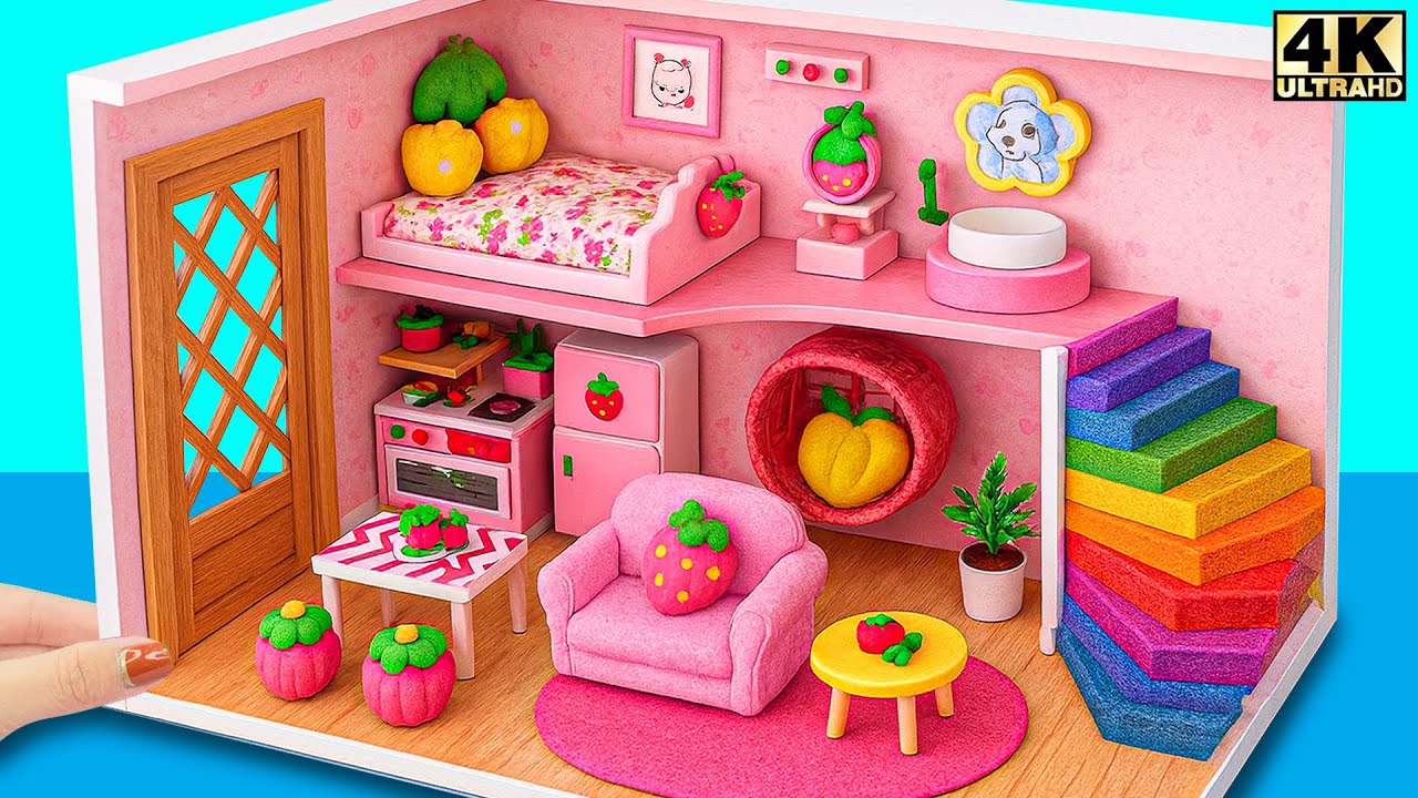 Make Ultra Cute Strawberry Dollhouse – Pink Kitchen, Bed & Rainbow Design 🍓✨ DIY Miniature House