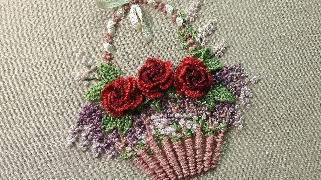 BACKET OF ROSES FLOWER EMBROIDERY