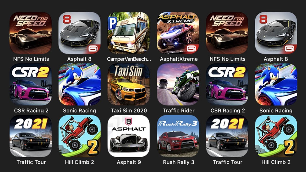 NFS No Limits, Asphalt 8, Camper Van Beach, Asphalt Xtreme, CSR Racing 2, Sonic Racing...