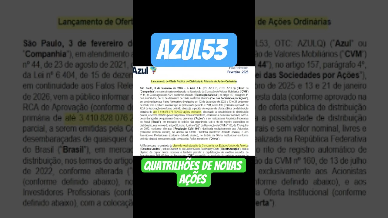 AZUL53 Novo aumento de capital - Subscri&ccedil;&atilde;o de quatrilh&otilde;es de novas a&ccedil;&otilde;es AZUL53 - Well Investidor
