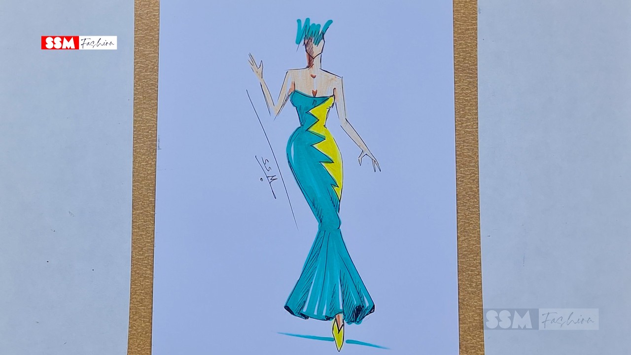 Stunning Evening Gown Fashion Illustration 2026 | Teal & Yellow Dress Design Sketch | SSM Fashion