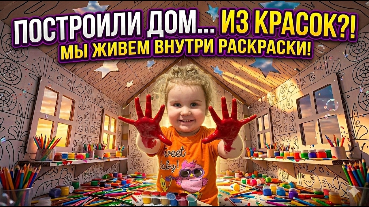 Викуля собирает картонный домик раскраску 🏠🎨 Большой картонный домик-раскраска 😍