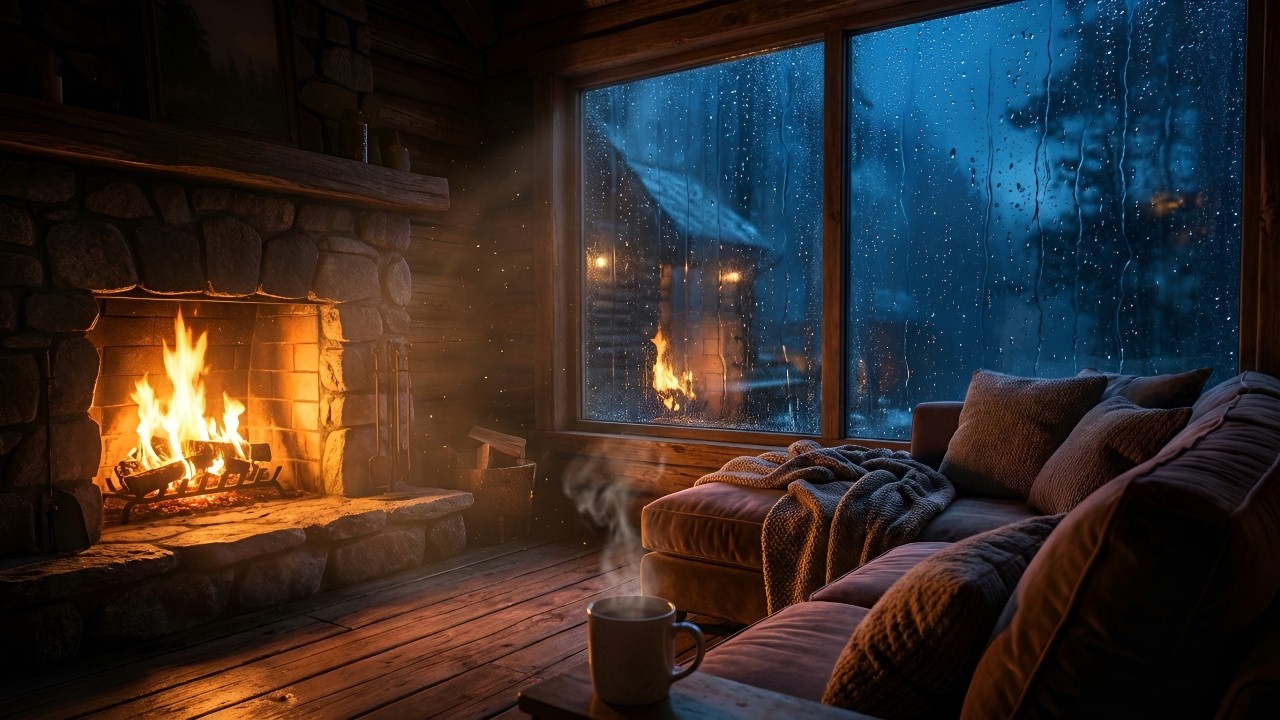 Heavy Rain at Cozy Cabin Fireplace 🌧️🔥 Relaxing Rain Sounds for Sleep & Insomnia