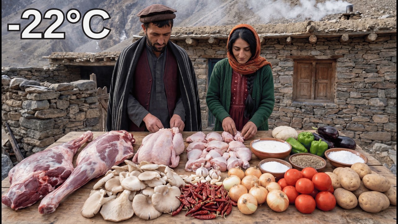 Couple Living in Afghanistan Mountains: Cooking Lamb and Chicken on Traditional Stone Grill