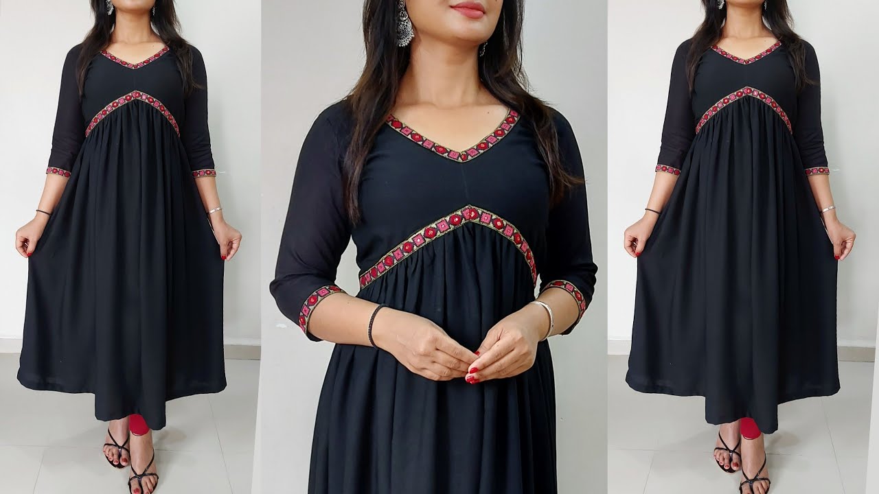 Trendy Alia Cut Kurti Cutting and Stitching/V Yoke Gathered Naira Cut Kurti Cutting/Alia Cut Dress