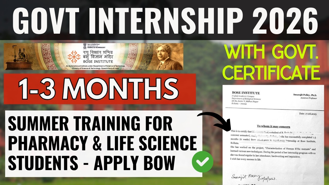 Internship opportunity for Pharma Students | With Certificate | Bose Institute | Pharmacy Internship