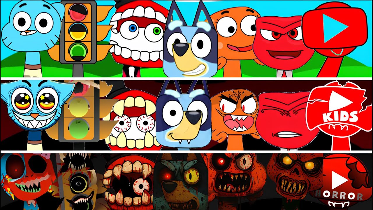 Incredibox Sprunki OC Phase 1 to Phase 3 Bluey, Darwin, Gumball, Youtube, Caine, Anger