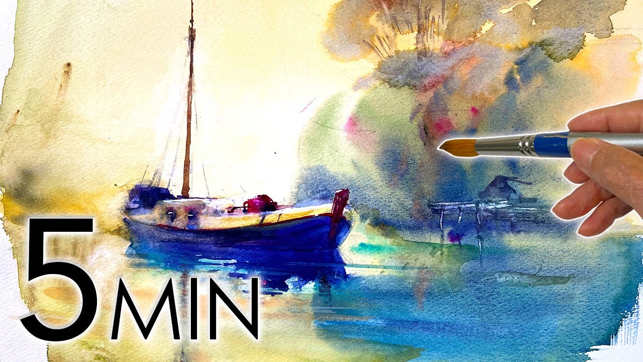 [Eng sub]  A small boat resting on a misty river / 5 min Watercolor / Tutorial for beginners