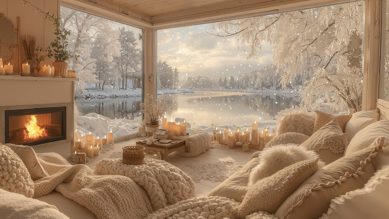 Cozy Winter Lakeside Cottage ⛄ Peaceful Piano Music & Fireplace Sounds for Focus, Study