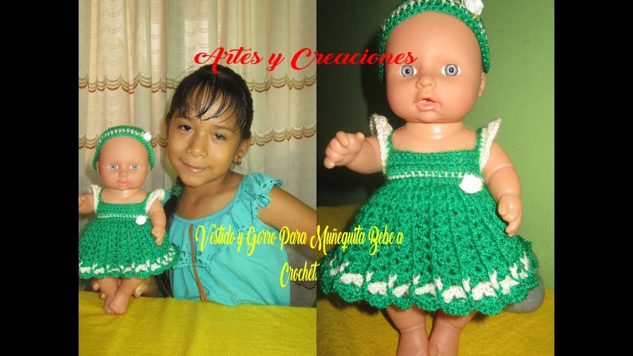 VESTIDO Y GORRO PARA MUÑEQUITA BEBE A CROCHET.