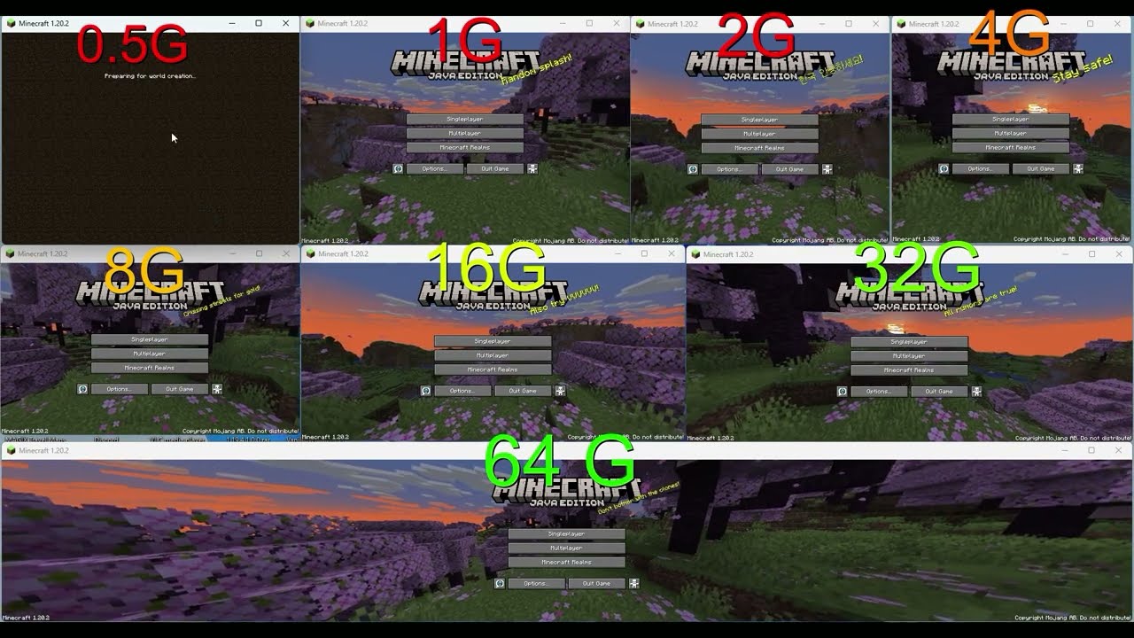 Minecraft 0.5gb ram vs1gb ram vs 2gb ram vs 4gb ram vs 8gb ram vs 16gb ram vs 32gb ram vs 64 gb ram