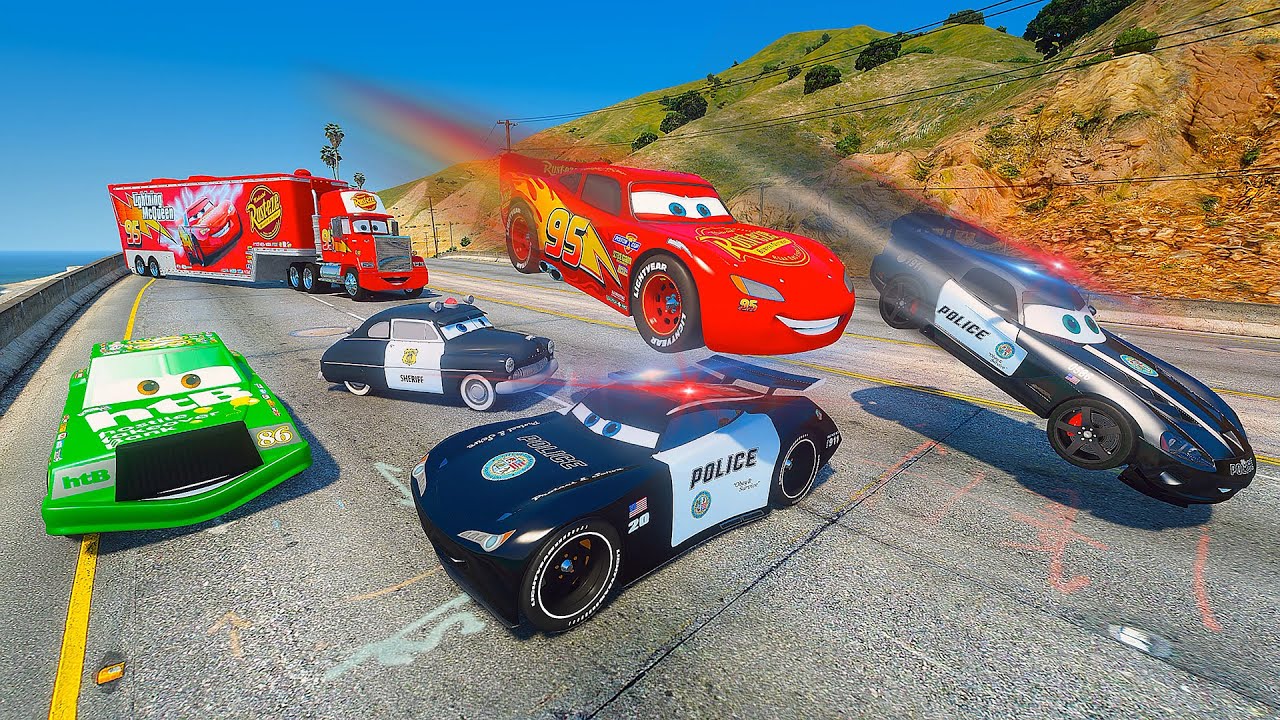 Cars Sheriff Speed Chase — Lightning McQueen vs Chick Hicks Police Pursuit Truck Mack Trailer Escape