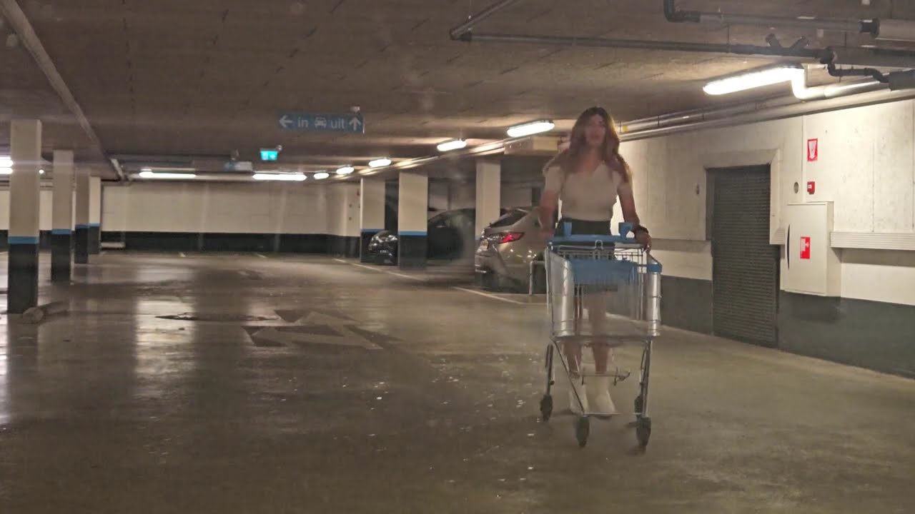 Crossdresser returns shopping cart in skirt and top (18)