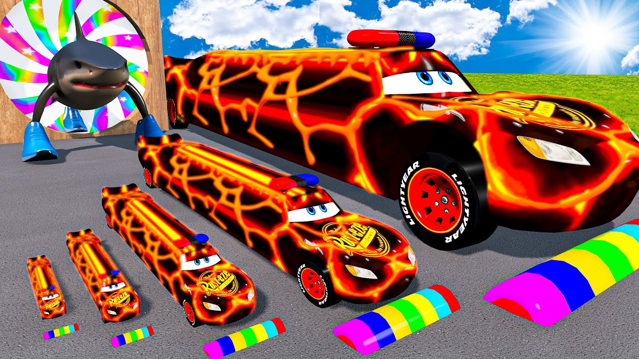 Big & Small Long Lava Police Lightning McQueen Hot Magma with Thomas Train | BeamNG.Drive