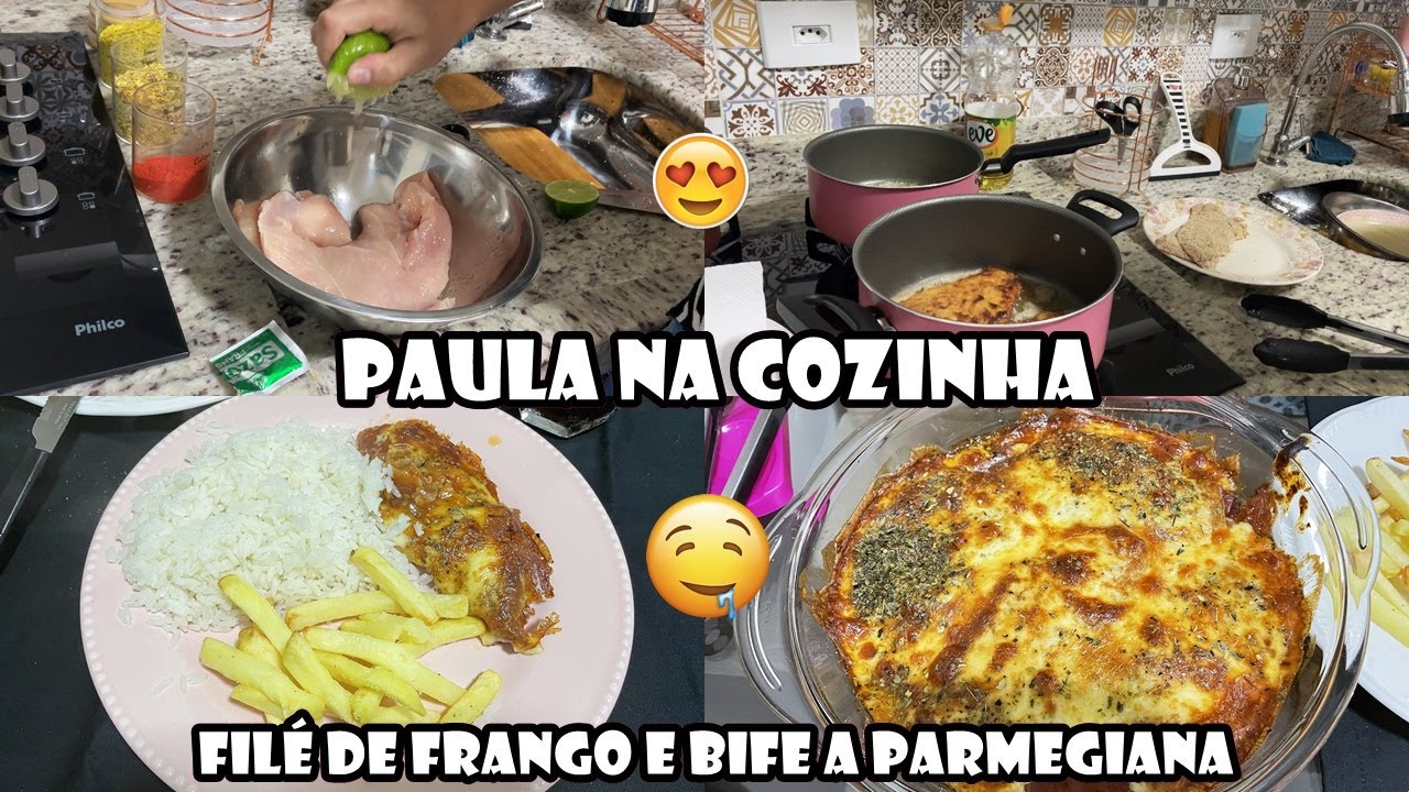 COZINHANDO COMIGO: FIZ FILÉ DE FRANGO E BIFE A PARMEGIANA | FICOU MUITO BOM 🤤