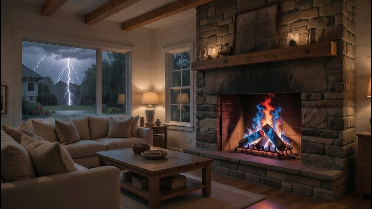 🔥🌧️ Fireplace & Rain Sounds in 4K (2 Hours) | Cozy Modern Farmhouse Fireplace for Sleep & Relaxation