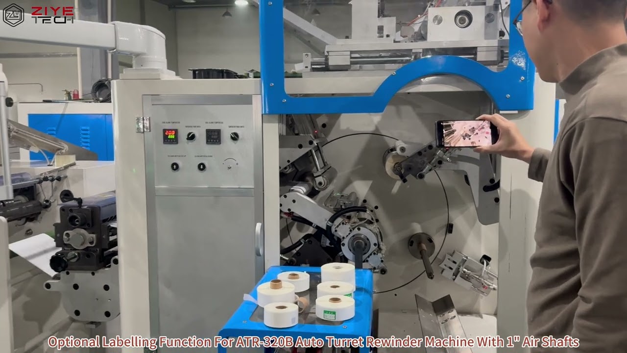 Optional Labelling Unit Function in ATR-320B Auto Rewinder Machine With 1-Inch Air Shafts