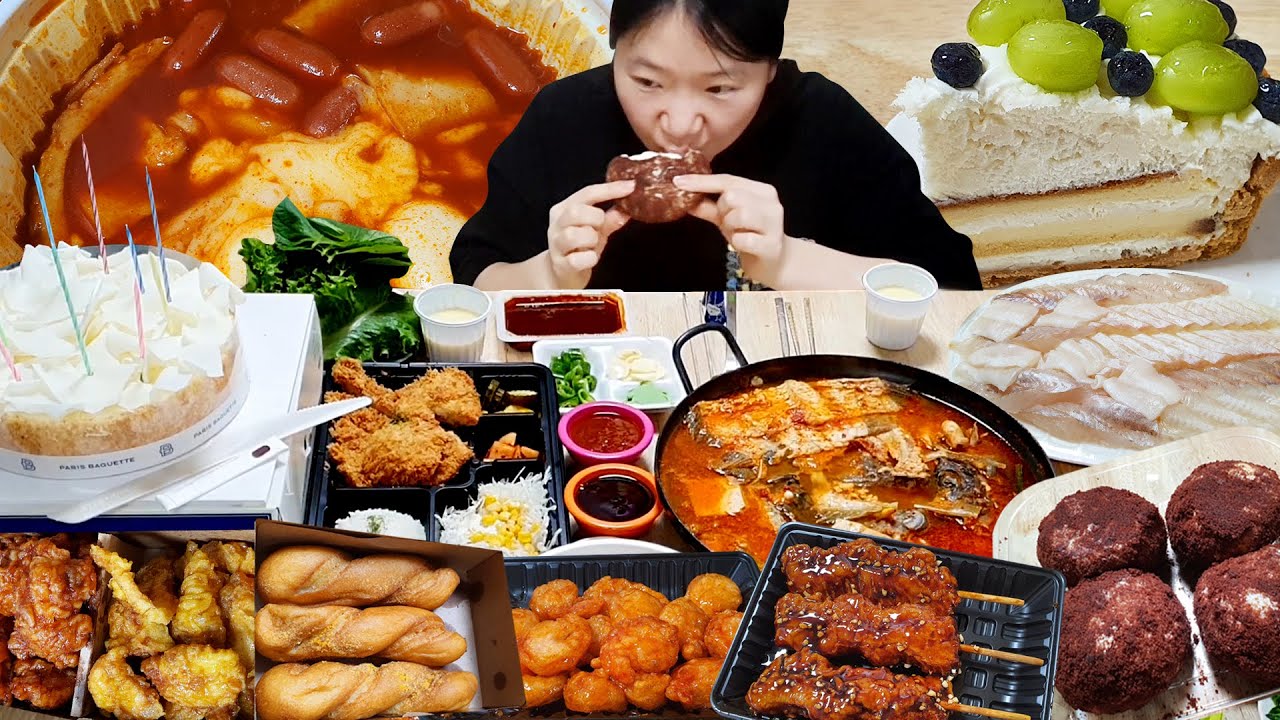 [먹방 브이로그] 닭꼬치,크림빵,새우강정,떡볶이,치킨,돈까스,회,생선까스,케익+아빠생신상 먹방 브이로그 Muckbang VLOG★☆🍴