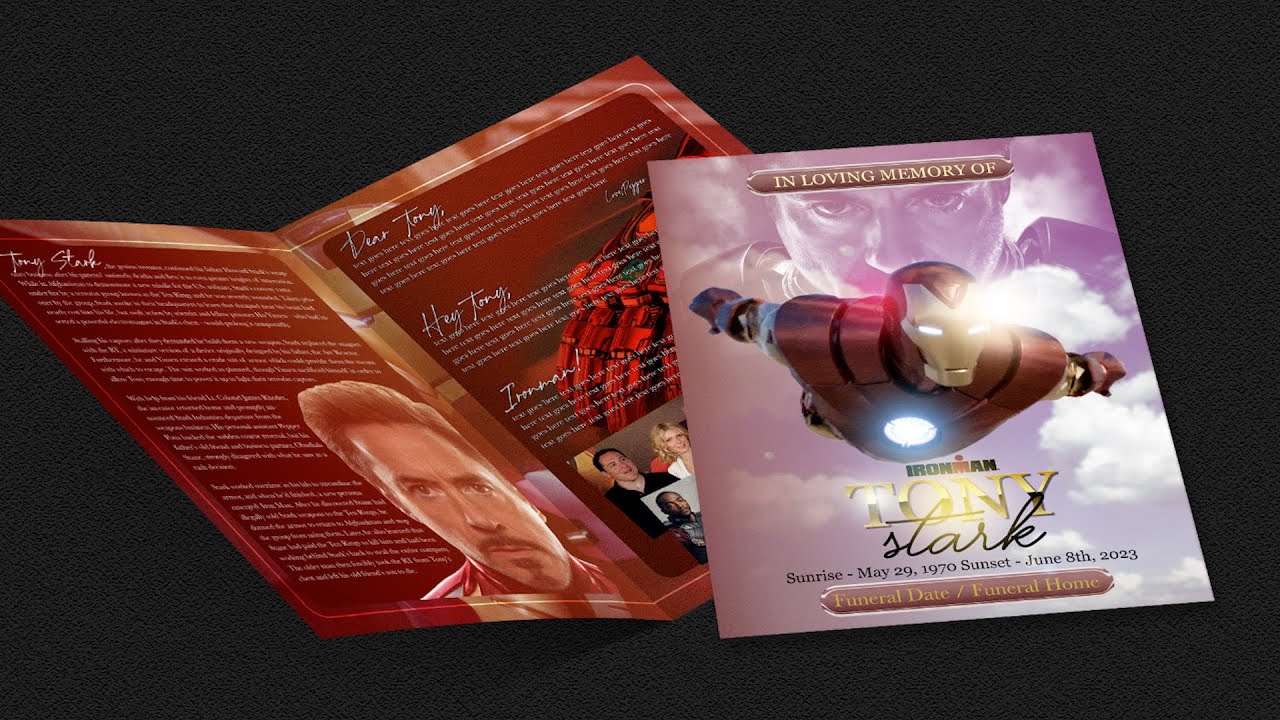 Create this Tony Stark aka Iron Man Obituary/Funeral Program in Adobe Photoshop