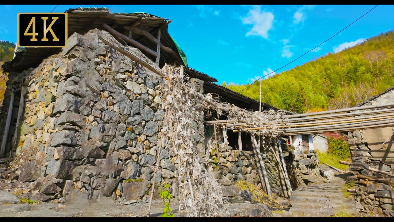 Pristine Deep Mountain Ancient Village Walk, China｜Autumn Quiet Beauty of Hilltop Stone Houses・4K