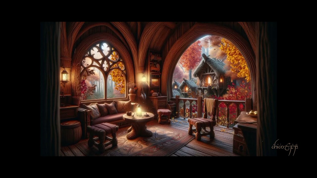 Woodland Realm autumn village ambiance. View from the cozy elvish house.