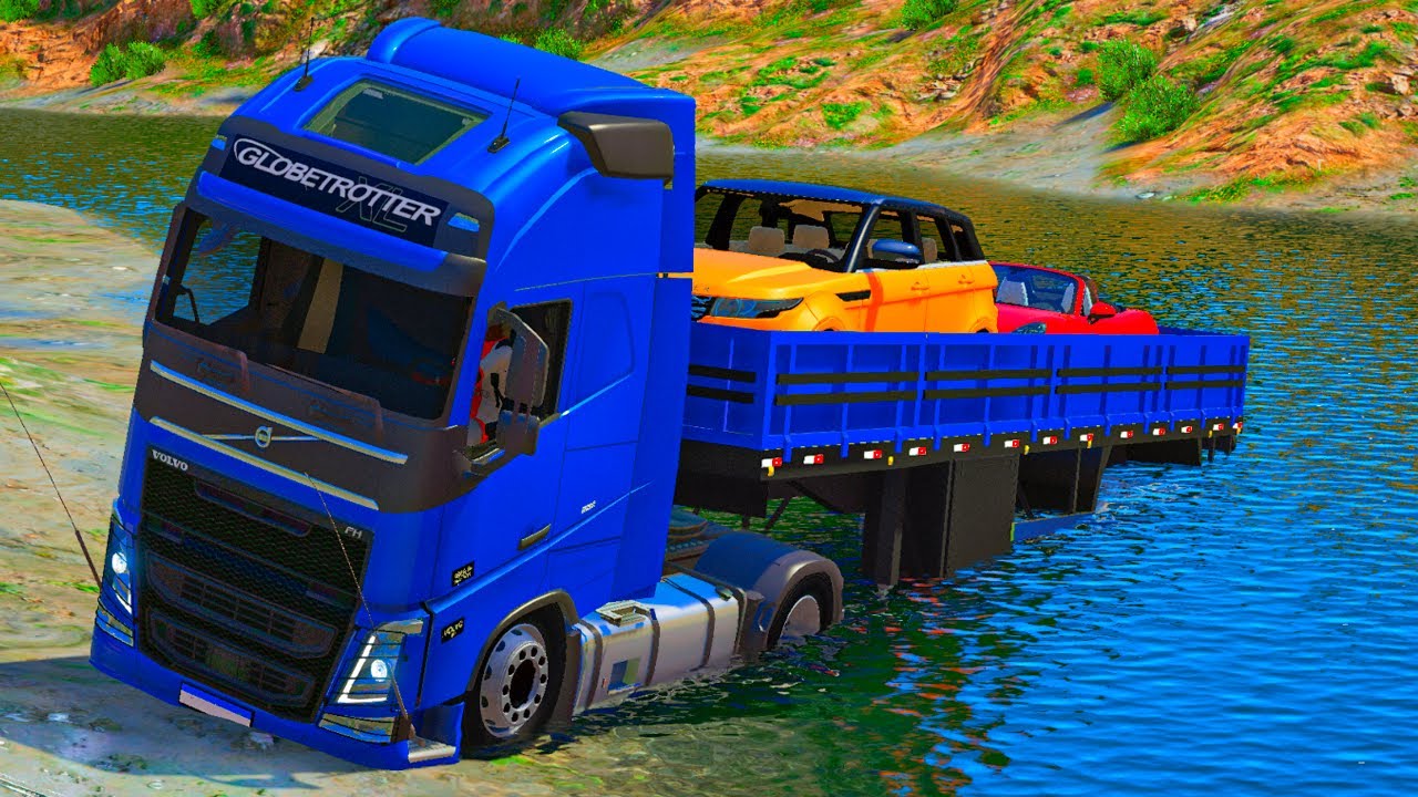 SUPER CAMINHAO CARREGADO DE CARROS DE LUXO ATRAVESSANDO O RIO DO GTA 5 MODS