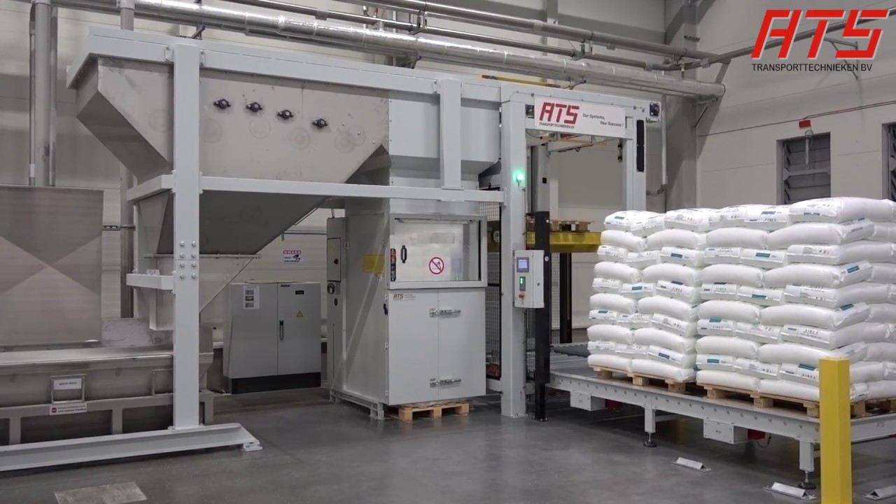 Bag opening and emptying with pallet transport and empty bag compactor