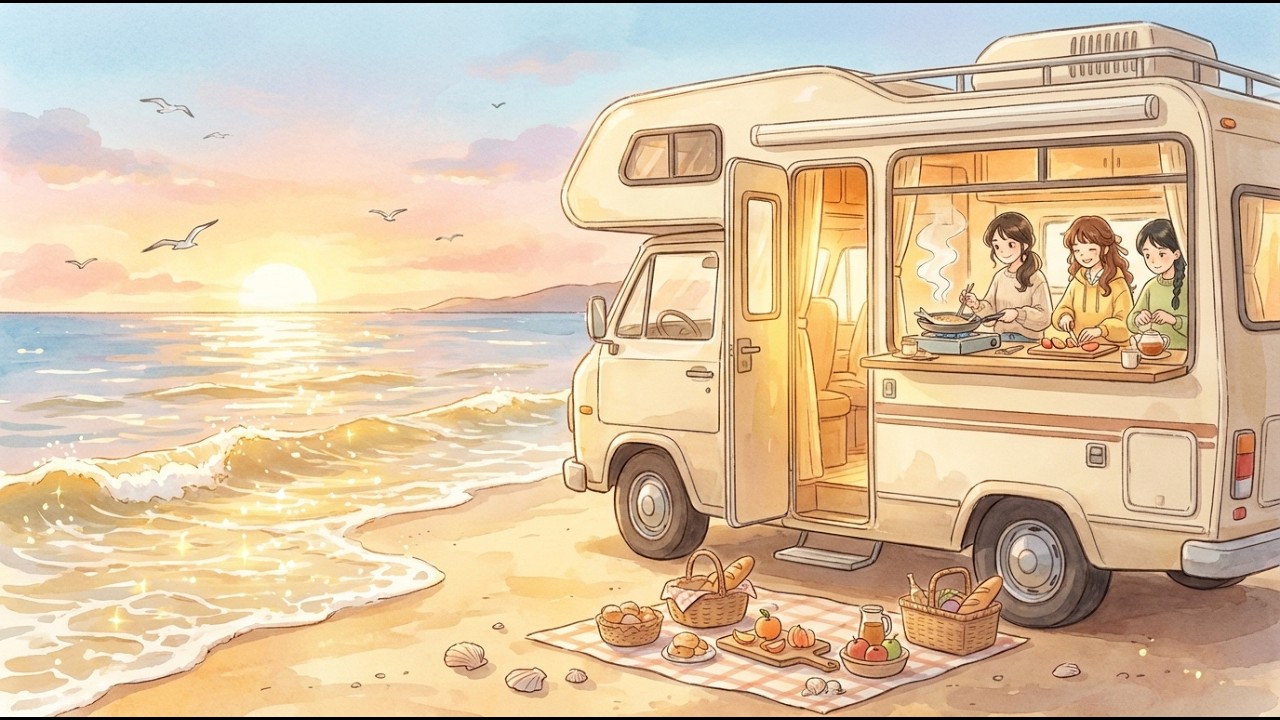 A cozy seaside day in our RV with friends — cooking and quiet moments | Ghibli Style ASMR