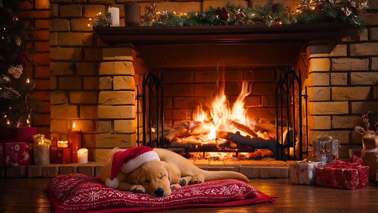 Christmas Fireplace & Sleeping Puppy 🔥 Cozy Fire Place Ambience for Stress Relief & Deep Sleep