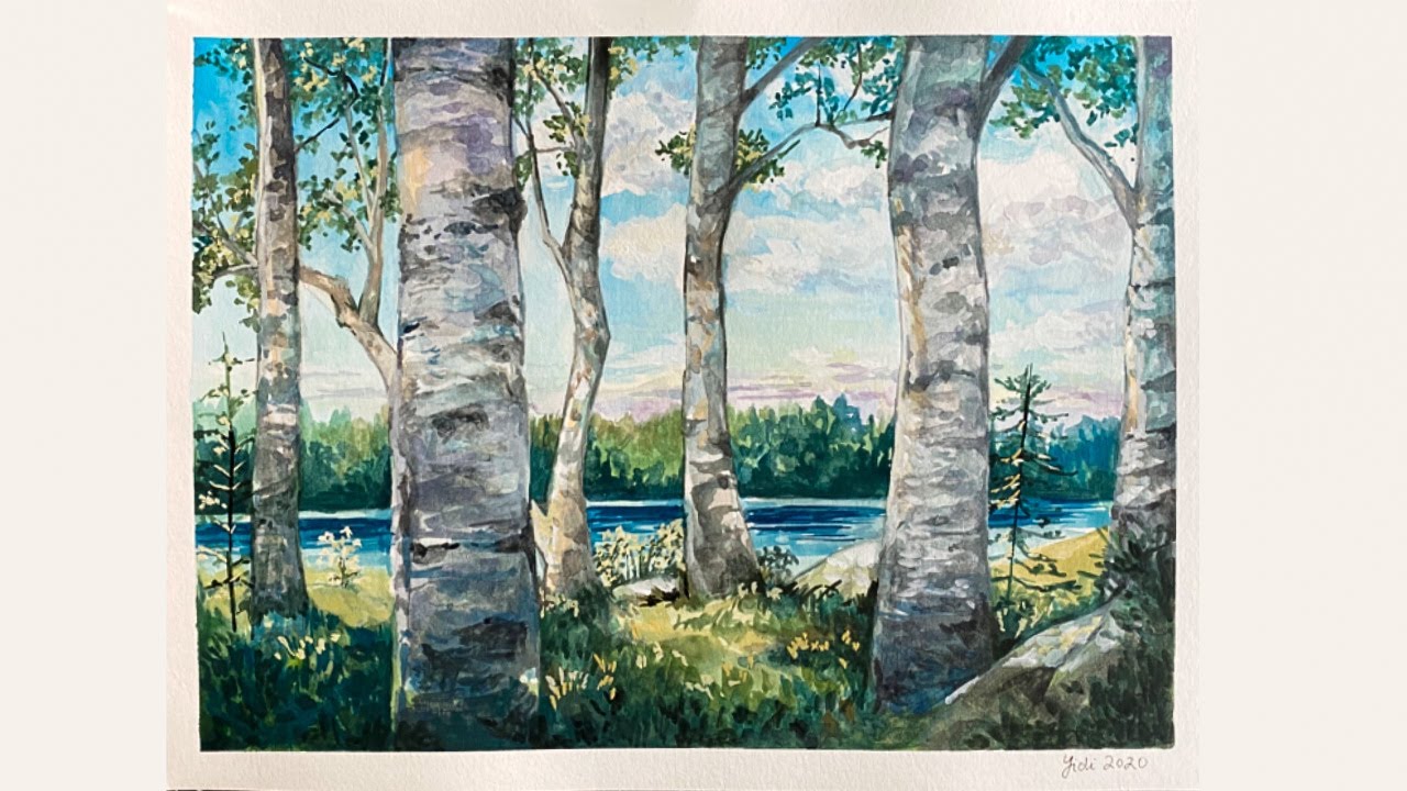 Ghibli Gouache Painting: Birch Trees Scene