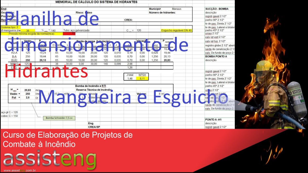 Dimensionamento de Hidrantes - Planilha - Perda de Carga na Mangueira  e no Esguicho