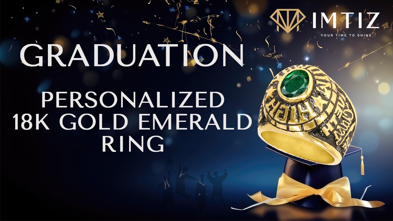 Personalized 18K Gold Emerald Graduation Ring with Engraved Message