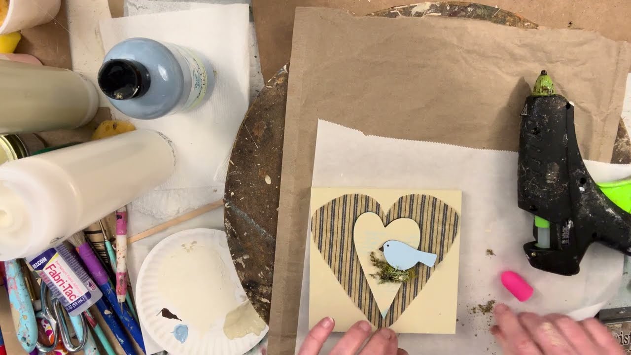 Hearts and Bird on Wood