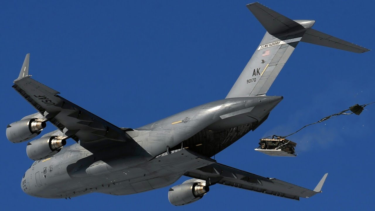 Humvee Airdrop 5000 Feet From C-17 Globemaster Aircraft
