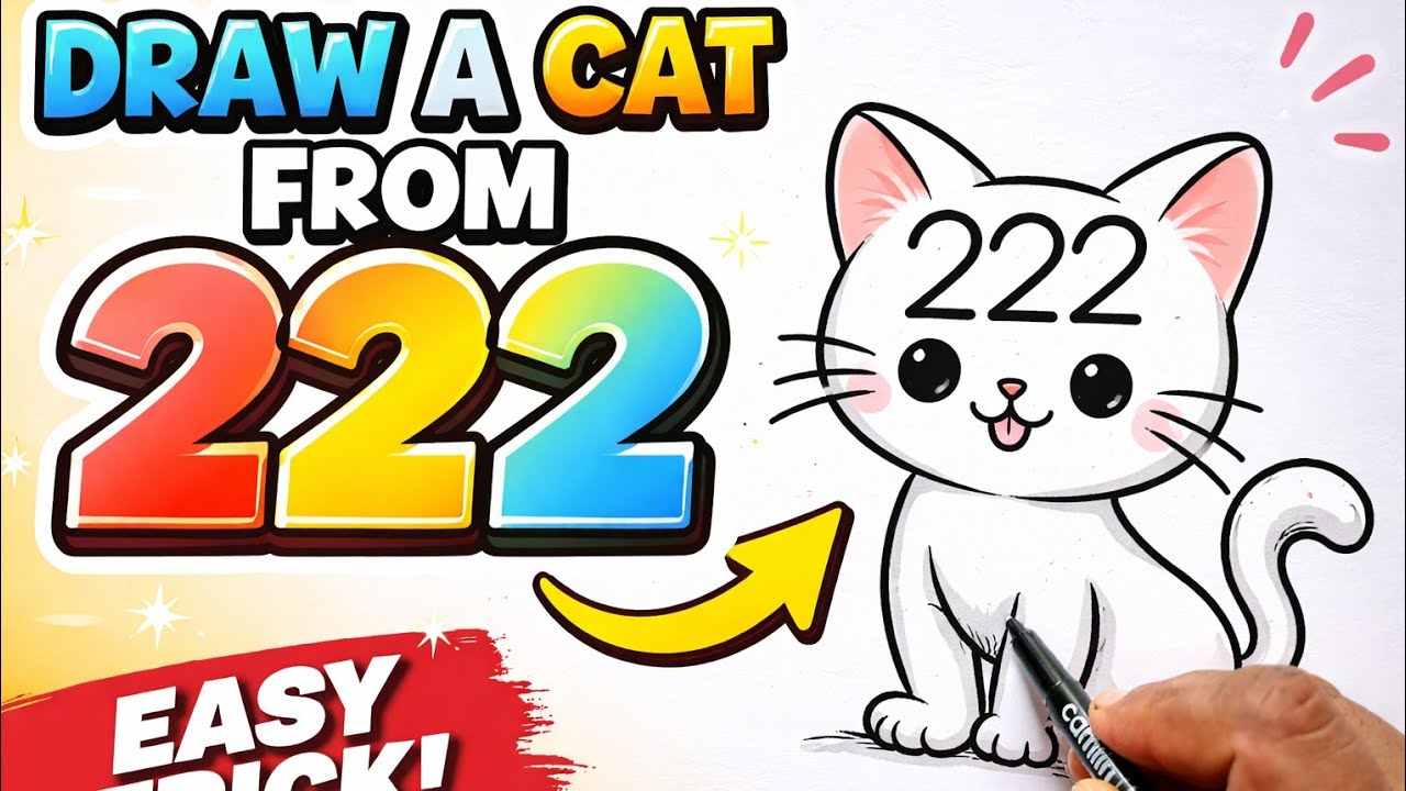 Cat Drawing from Number 222 🐱 | Easy Step-by-Step Number Art Trick