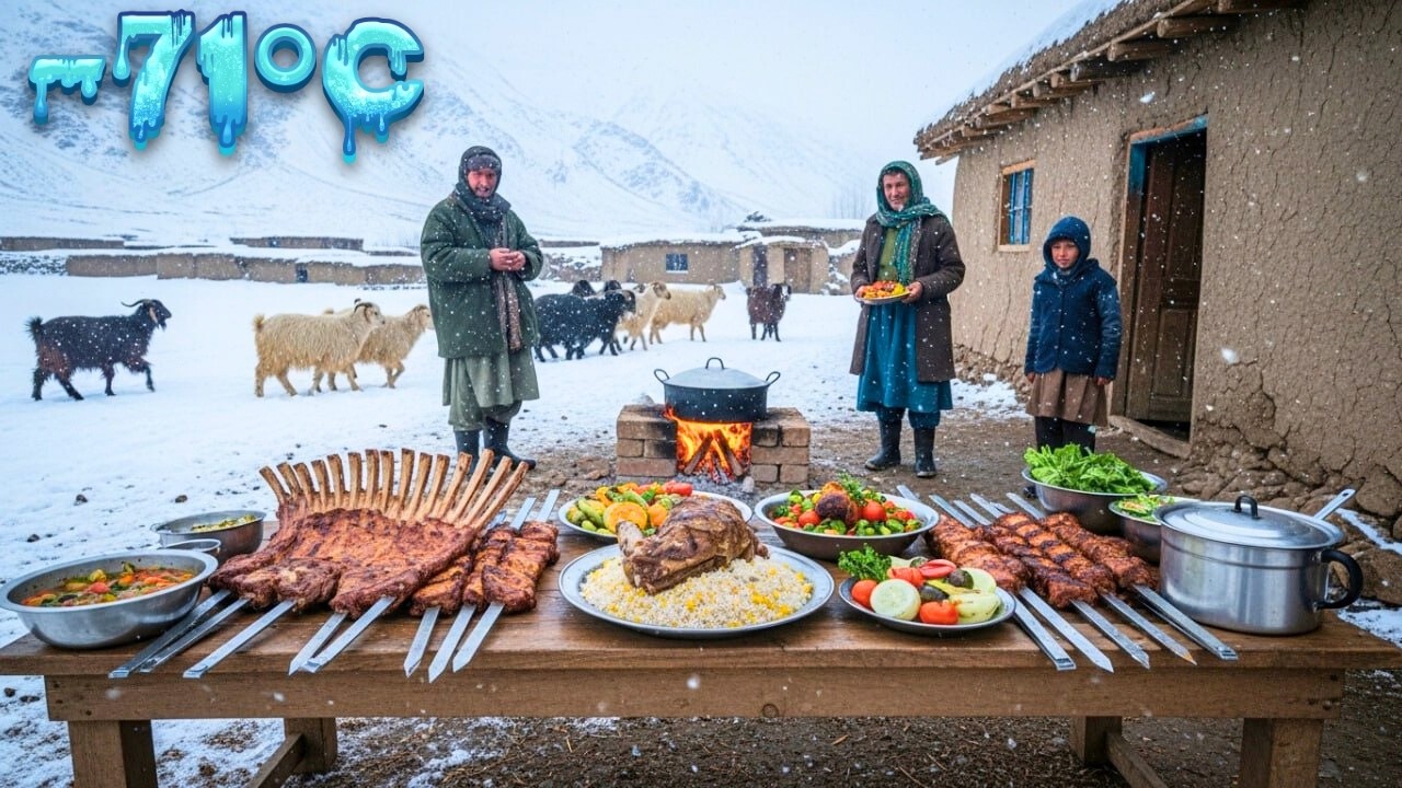 Afghanistan Winter Hunt | Catching a GIANT Fish + Lamb Ribs BBQ & Lamb Rice in the Snow