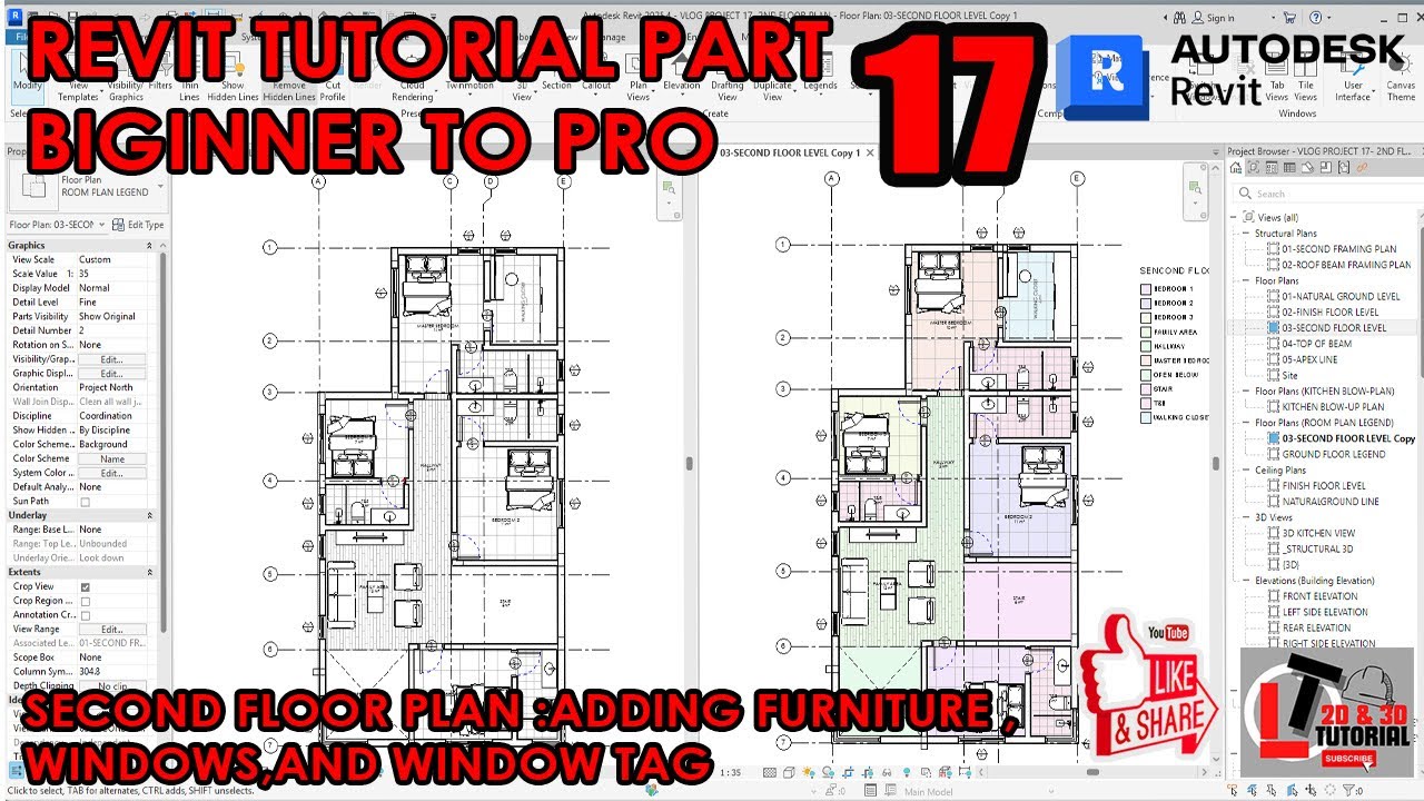 REVIT TUTORIAL PART 17: ADDING FURNITURE, WINDOWS AND WINDOW TAG IN SECOND FLOOR PLAN