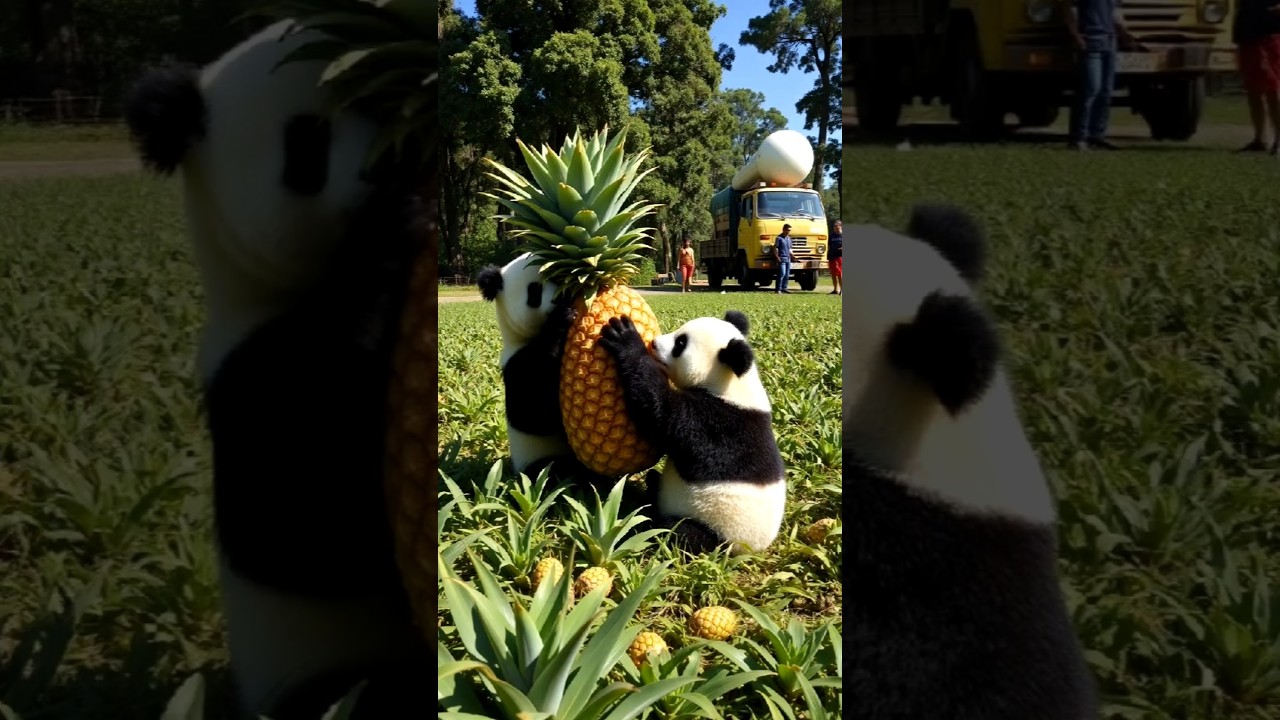 Panda's Founds a Heavy Pineapple in the Field🍍🐼 #panda #pineapple #shorts